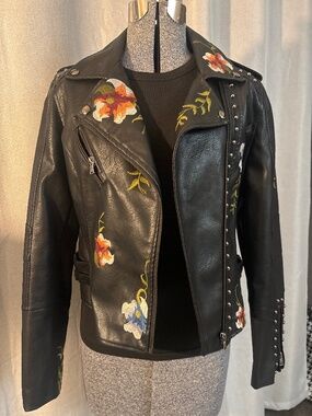 Floral embroidered vegan motorcycle jacket